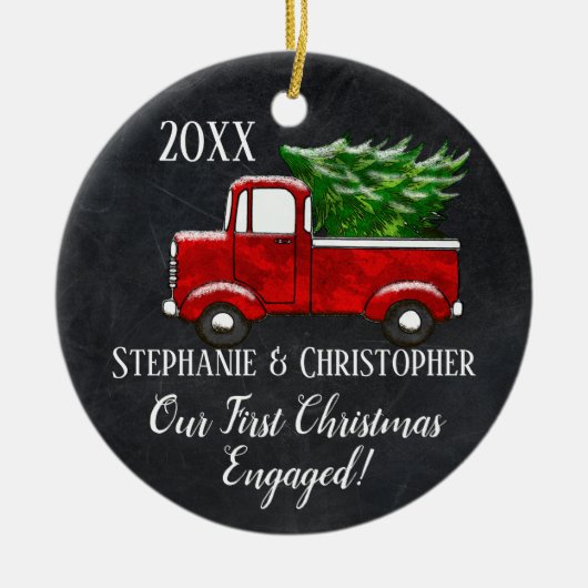 私たち婚約したの初めてのクリスマスは一緒にヴィンテージトラック セラミックオーナメント (正面)