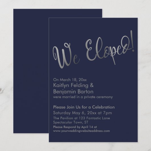 私たち式場を飛び出した！シルバー＆ネイビーの結婚後お祝い会 招待状 (正面/裏面)