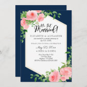 私たち得ネイビー結婚したブルーピンクフローラ結婚ズ 招待状 (正面/裏面)