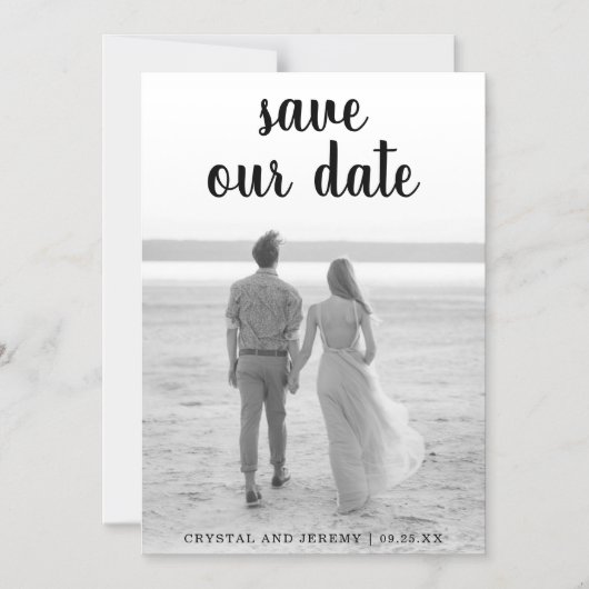 私たち救の日付の厚い黒いスクリプトの手書き写真 マグネット招待状 (正面)