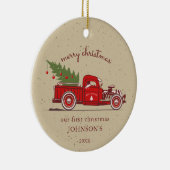 私たち素朴の初めてのクリスマスレッドトラック名の写真 セラミックオーナメント (右)