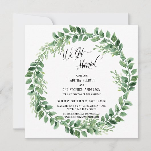 「私たち結婚しました」の詳細な脚本 緑のリース 招待状 (正面)