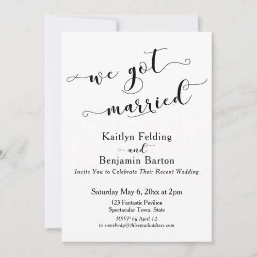「私たち結婚しました スクリプト モノクロームのレセプション」 招待状 (正面)