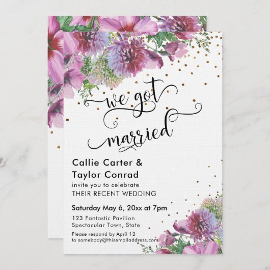 私たち結婚しました タイポグラフィ ワイルドフラワー ゴールド コンフェッティ 招待状 (正面/裏面)