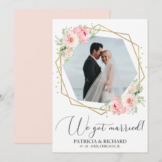 私たち結婚しました フラッシュ フローラル 秘密の結婚発表 招待状 (正面/裏面)