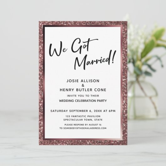 私たち結婚しました! ローズゴールドグリッター レセプションのみ 招待状 (スタンド正面)
