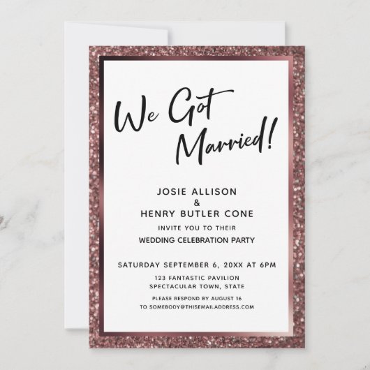 私たち結婚しました！ ローズゴールド グリッター レセプションのみ 招待状 (正面)