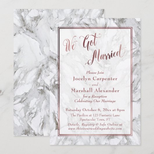「私たち結婚しました」ローズゴールド スクリプト マーブル 受付カード 招待状 (正面/裏面)