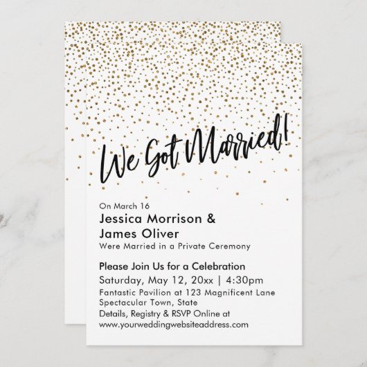 私たち結婚しました！ 偽物のゴールドグリッターコンフェッティ 招待状 (正面/裏面)