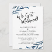 「私たち結婚しました!」青い葉のレセプションカードのみ 招待状 (正面)