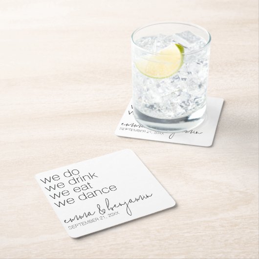 私たち結婚する！ 食べて飲んで踊ろう - 現代のウェディング スクエアペーパーコースター (インサイチュ)