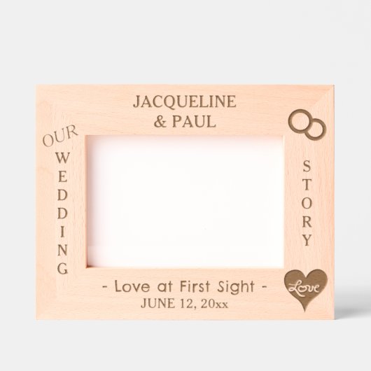 私たち結婚のストーリーハート名6 x 4, 7 x 5写真 レーザー彫刻フレーム (正面)
