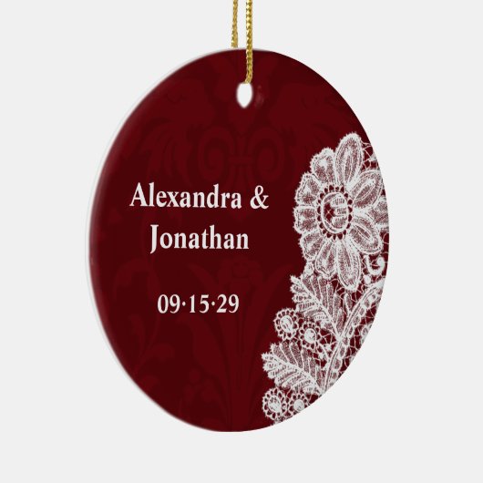 私たち結婚のブルゴーニュ・レッド・レース・ダマスクの写真 セラミックオーナメント (右)