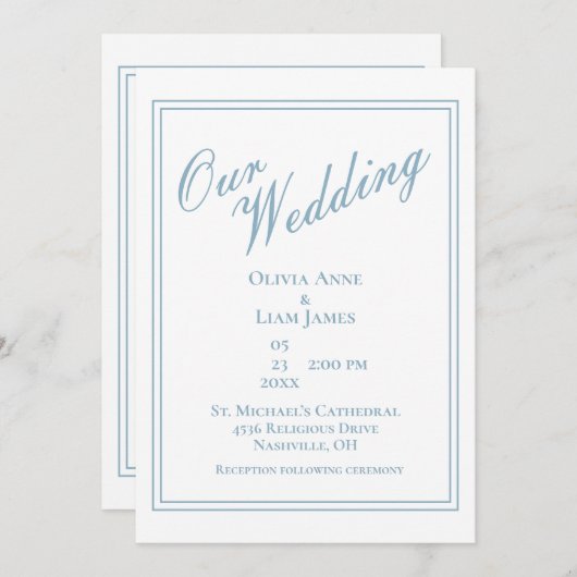 私たち結婚の埃っぽい青いエレガモダンントウェディング 招待状 (正面/裏面)