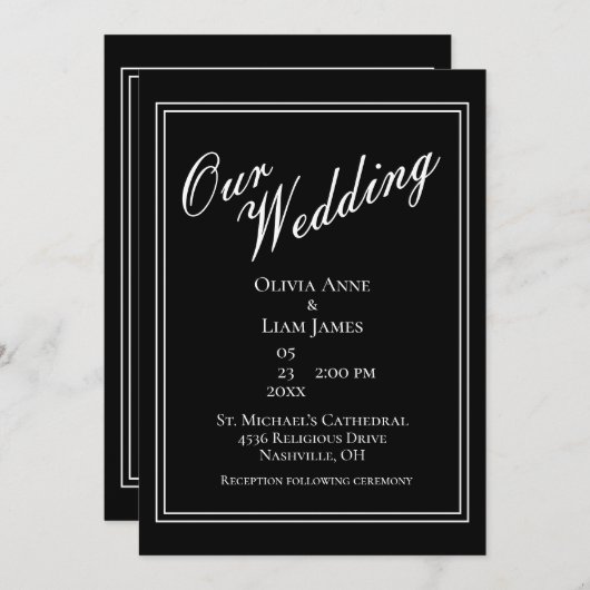 私たち結婚の白黒エレガモダンントウェディング 招待状 (正面/裏面)