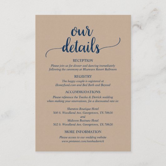 私たち結婚の詳細ネイビ素朴ー・ブルー エンクロージャーカード (正面)