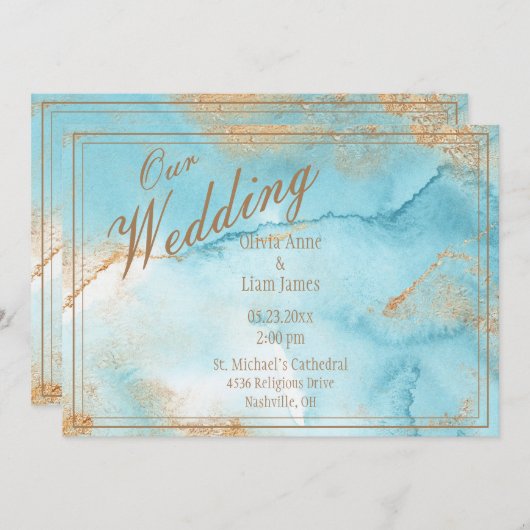 私たち結婚の金ゴールドターコイズエレガモダンントウェディング 招待状 (正面/裏面)