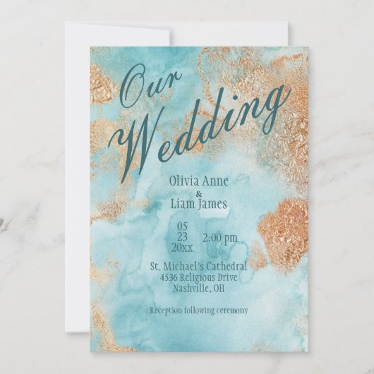 私たち結婚の金ゴールドターコイズ結婚抽象芸術 招待状 (正面)