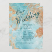 私たち結婚の金ゴールドターコイズ結婚抽象芸術 招待状 (正面/裏面)