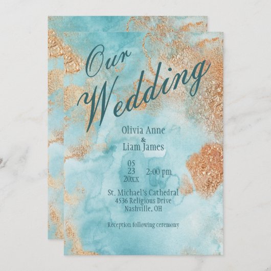 私たち結婚の金ゴールドターコイズ結婚抽象芸術 招待状 (正面/裏面)