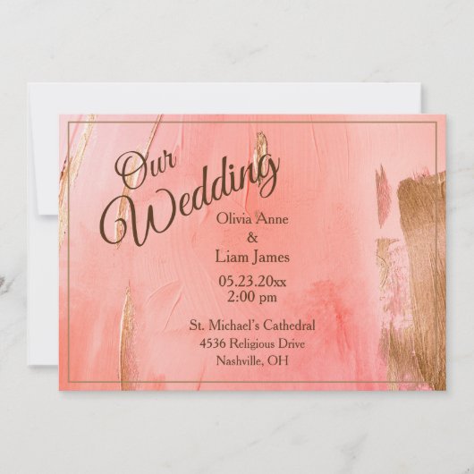 私たち結婚の金ゴールドピンク桃の水の色結婚の 招待状 (正面)