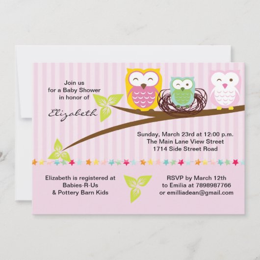 私たち3フクロウ家族ピンクの赤ちゃんシャワー招待 招待状 (正面)