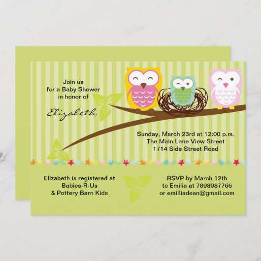私たち3フクロウ家族中立の赤ちゃんシャワーの招待 招待状 (正面/裏面)