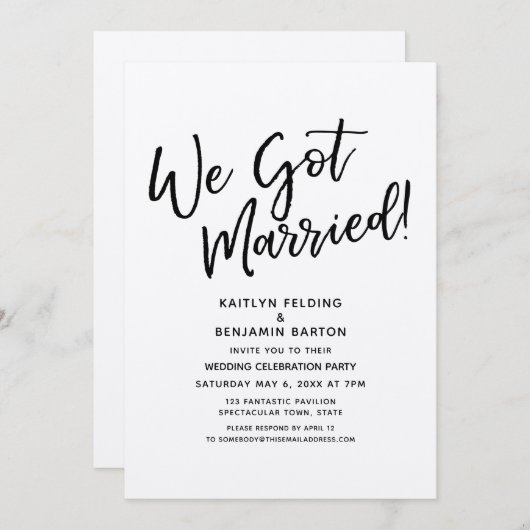 「私たち、結婚しました！」カジュアルなスクリプトの結婚式招待状（クラフト紙） 招待状 (正面/裏面)