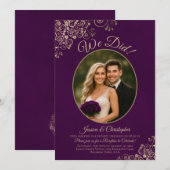 私たち、結婚しました！ゴールドカール プラムパープル ウェディングパーティ 招待状 (正面/裏面)