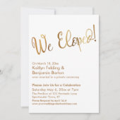 私たち、駆け落ちしました! ゴールドとホワイトの結婚後お祝い 招待状 (正面)