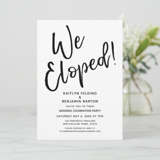 私たち、駆け落ちしました！現代風カジュアルな結婚後お祝い会 招待状 (スタンド正面)
