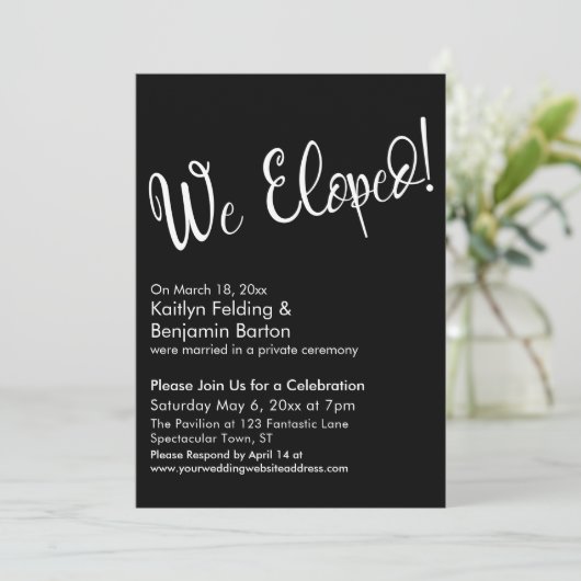 私たち、駆け落ちしました! 黒モダンなポストウェディングセレブレーション 招待状 (スタンド正面)