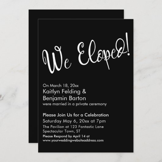 私たち、駆け落ちしました! 黒モダン ポストウェディング セレブレーション 招待状 (正面/裏面)