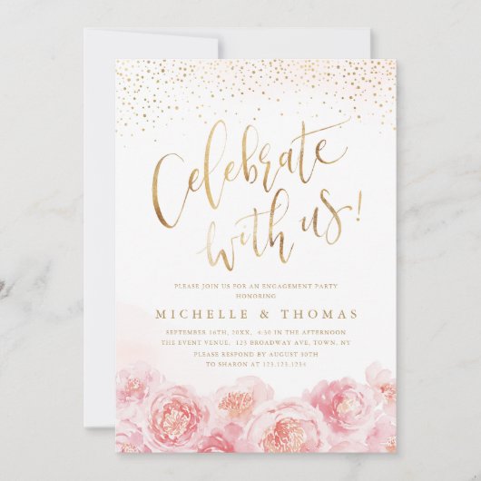 私た祝ち!書道金ゴールドと赤面フローラ 招待状 (正面)