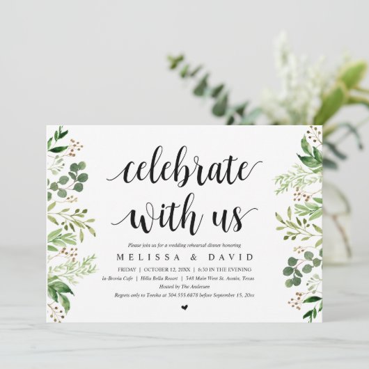 私た祝ち、緑、リハーサルのディナーインヴィ 招待状 (スタンド正面)