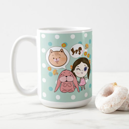 私と彼女の友人 – 猫とウサギ コーヒーマグカップ (ドーナツ)