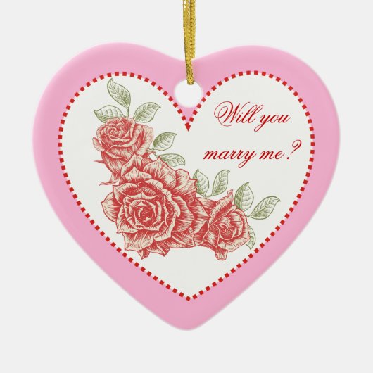 私と結婚してくれる？バレンタインのヴィンテージ赤いバラ セラミックオーナメント (正面)
