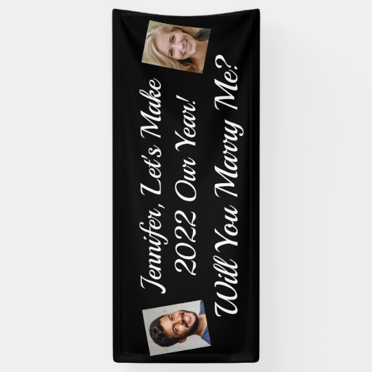 私と結婚してくれる？2枚の写真、白い文字、黒 横断幕 (縦)