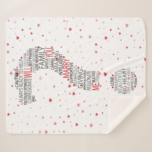 私と結婚してくれる?Wordクラウドと赤いハート シェルパブランケット (正面(横))