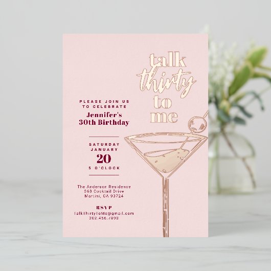 私に30語を話す誕生日カクテルパーティーピンク 箔招待状 (立ち正面)