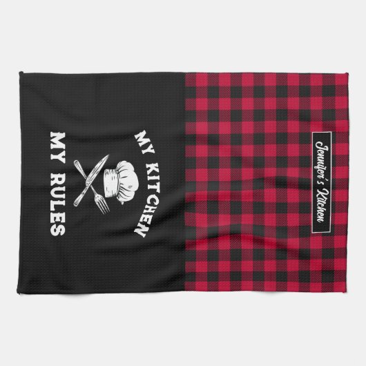 私のおもしろいキッチン私のルール赤い黒の格子模様 キッチンタオル (横)