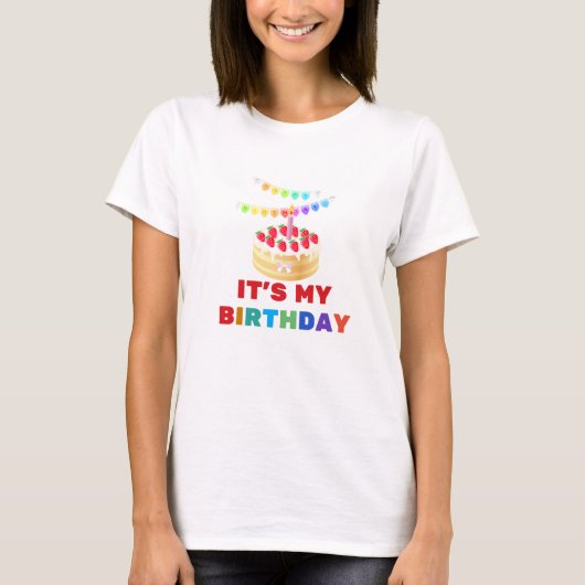 私のお誕生日ケーキとバナーの女の子 Tシャツ (正面)
