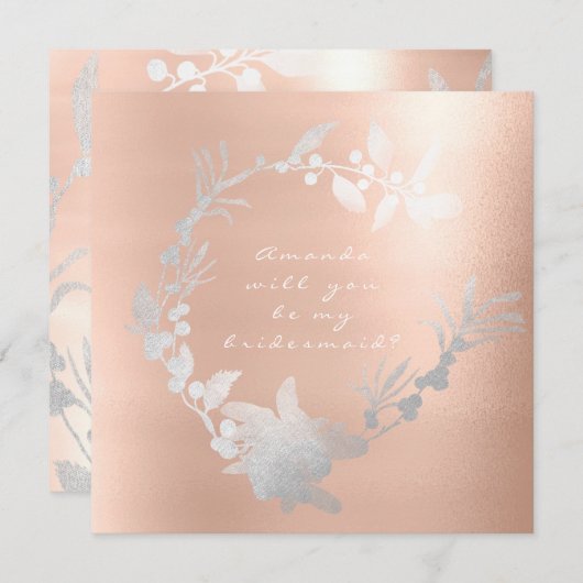 私のウェディングパーティにいてくれる？シルバーグレイの花輪 ローズピンク 招待状 (正面/裏面)