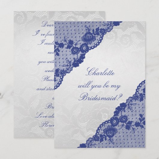 私のウェディングパーティにいてくれる？ シルバー ネイビーブルー ラ lace 招待状 (正面/裏面)