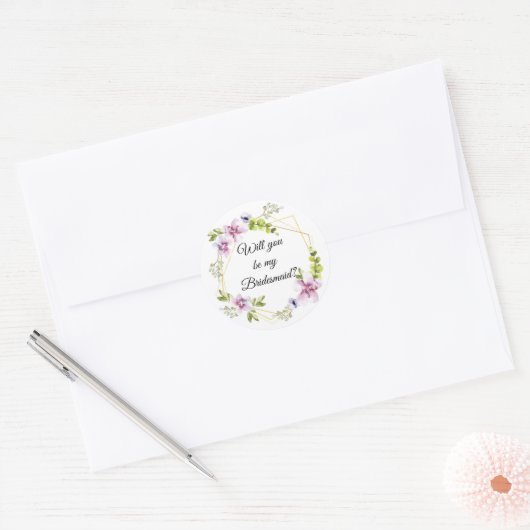 私のウェディングパーティにいてくれる? ピンクのブッシュの花 ラウンドシール (封筒)