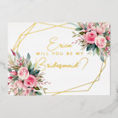 私のウェディングパーティーにいてくれる？（ピンクのバラ） 箔招待状 (正面)