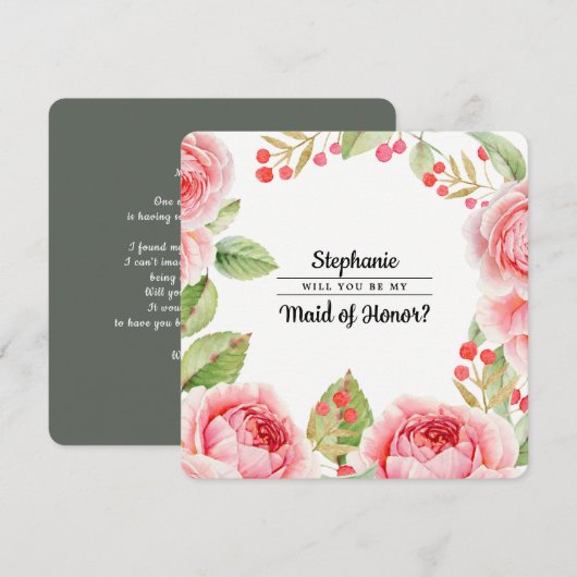 私のウェディングパーティーにいてくれる？ 水彩フラワーデザインで 招待状 (正面/裏面)
