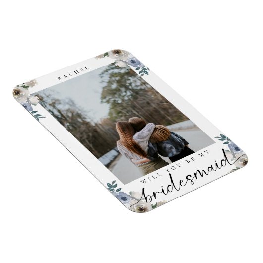 私のウェディングパーティーになってくれる?ダスティーブルーのローズの写真 マグネット (右側)