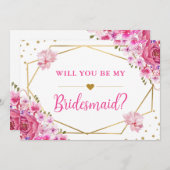 私のウェディングパーティーになってくれる？ ピンクのバラのウェディング 招待状 (正面/裏面)