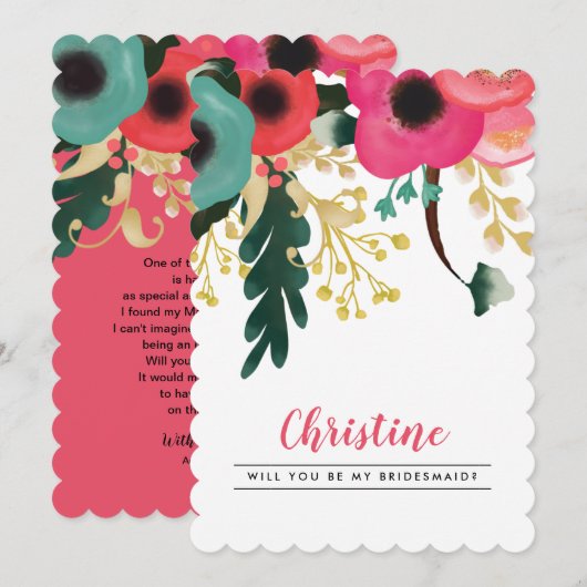 私のウェディングパーティーになってくれる？　モダンなフラワーを添えて 招待状 (正面/裏面)